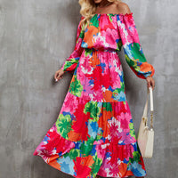 Printed Off-Shoulder Balloon Sleeve Tiered Dress