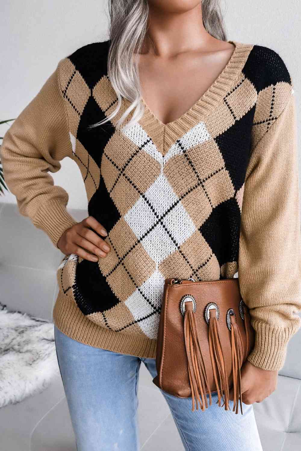Geometric V-Neck Sweater