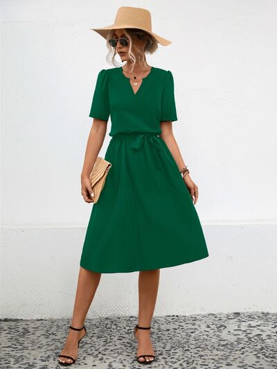 Tied Notched Short Sleeve Dress