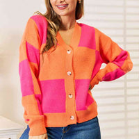 Woven Right Checkered V-Neck Dropped Shoulder Cardigan