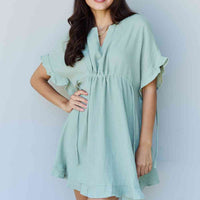 Ninexis Out Of Time Full Size Ruffle Hem Dress with Drawstring Waistband in Light Sage