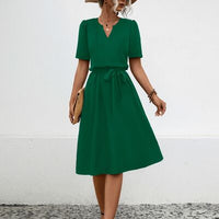 Tied Notched Short Sleeve Dress