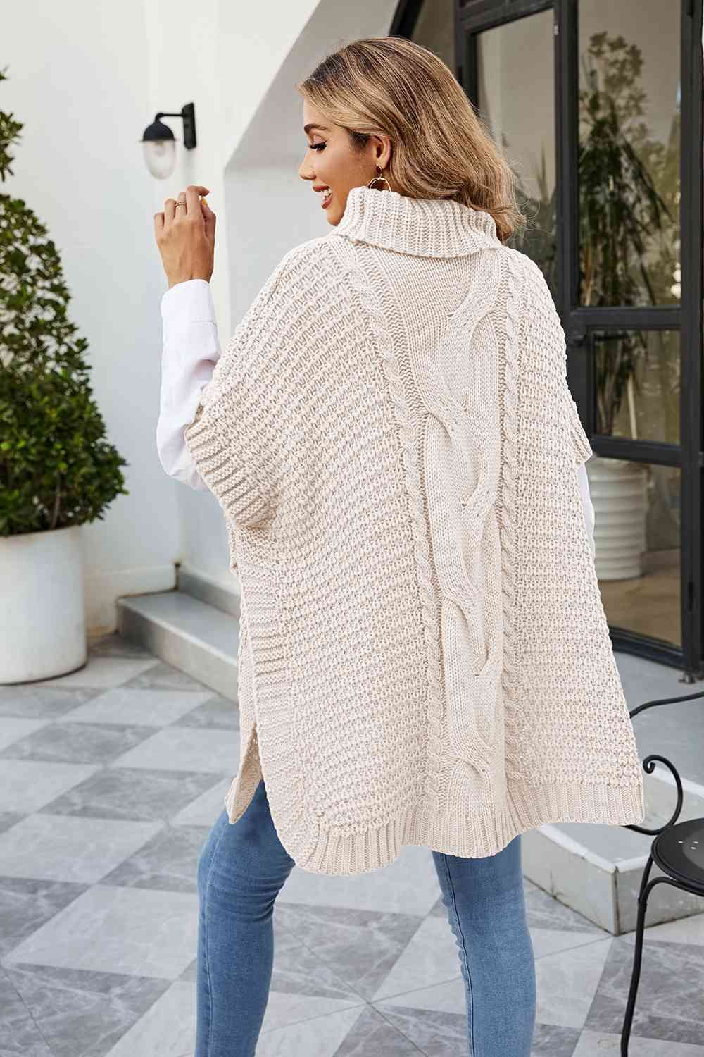 Cable-Knit Turtleneck Slit Sweater