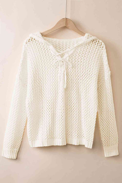 Openwork Lace-Up Hooded Sweater